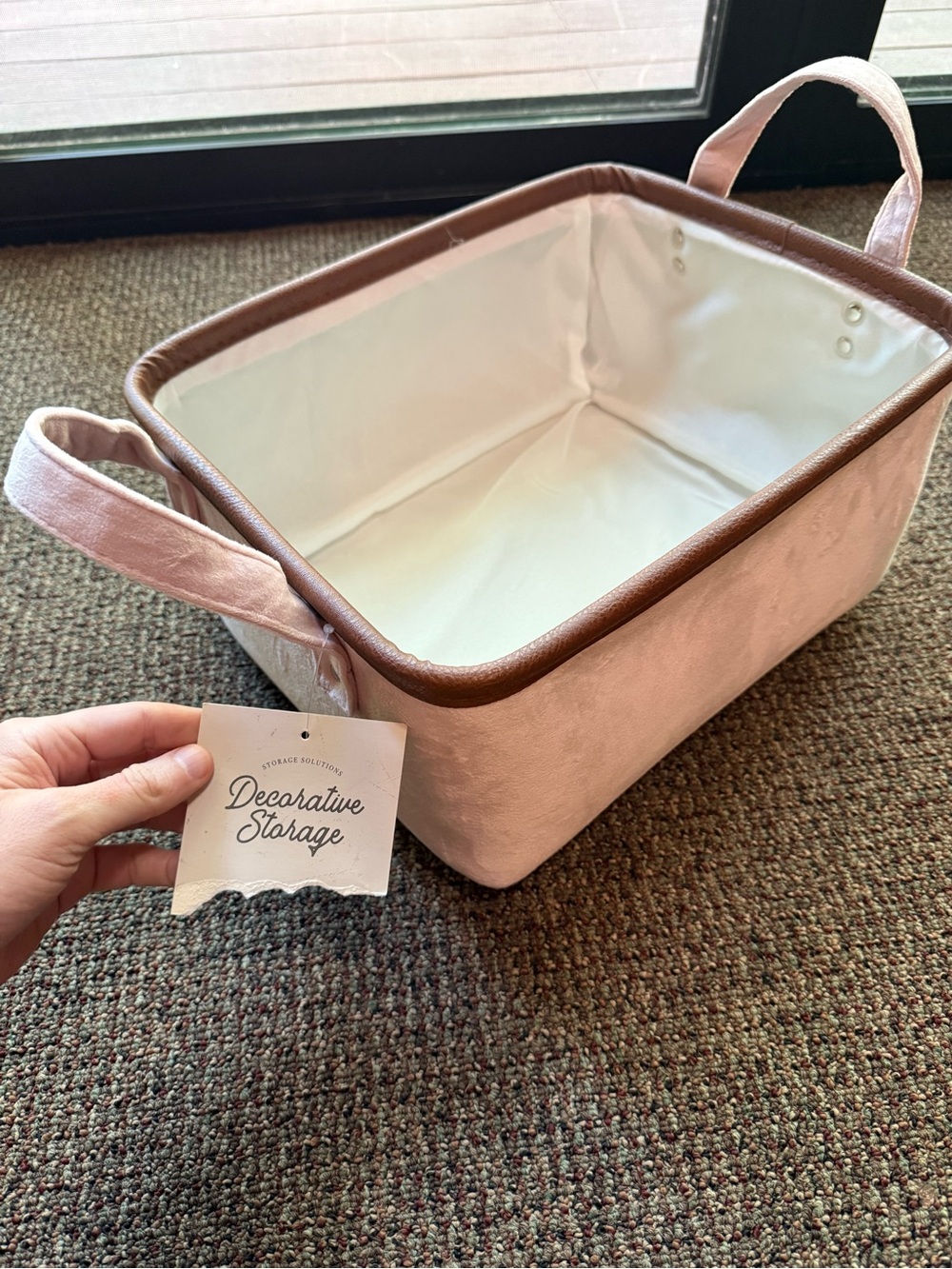 Decorative Storage Fabric Bin - Blush Pink with Brown Trim